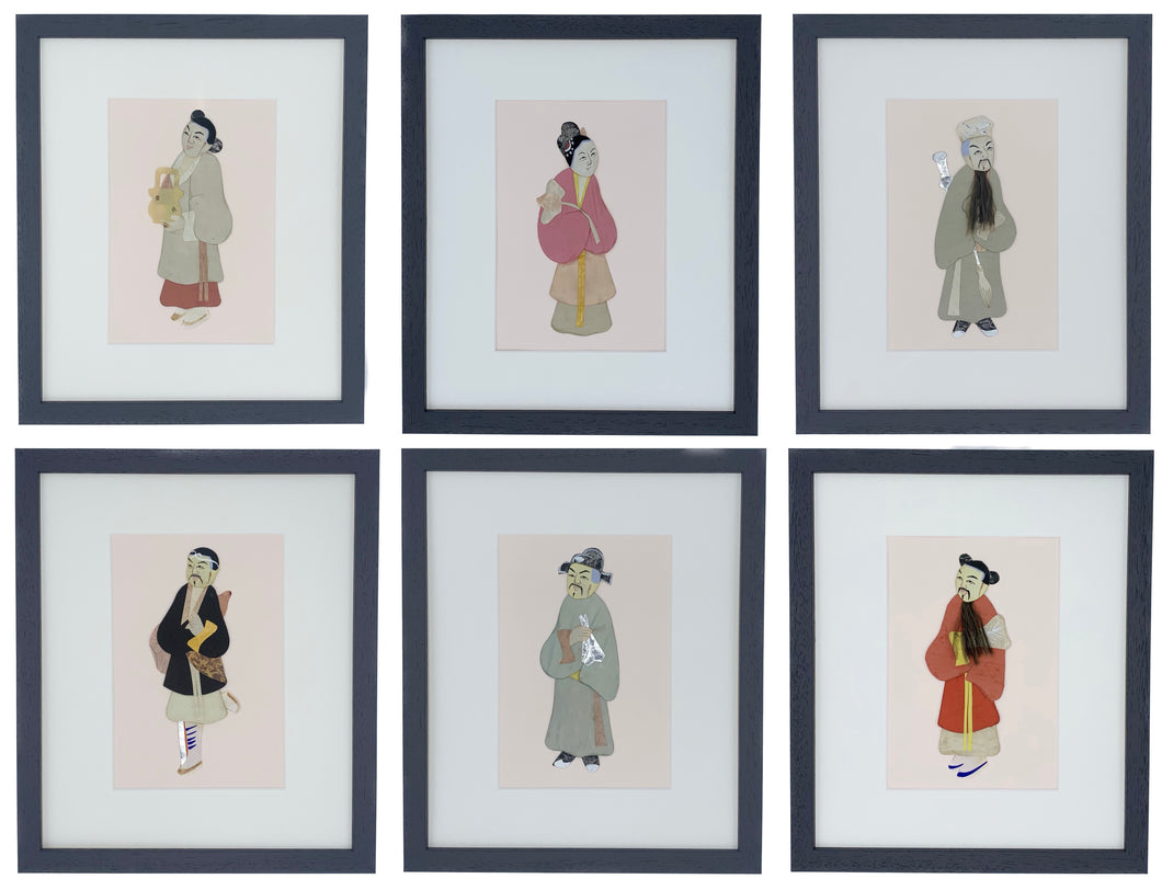 Set of 6 Framed Antique Chinese Silk & Paper Dolls